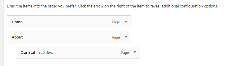 Screenshot of the menu page on the WordPress dashboard that shows how to set up menu items.