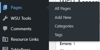 Screenshot of WordPress dashboard showing the hover state of the Pages menu item.