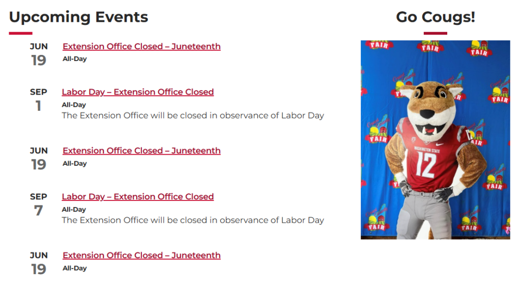 Screenshot of the upcoming events and side section.