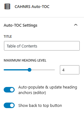 Screenshot showcasing the different settings available for the table of contents block. 