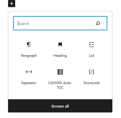 Screenshot of different available Gutenberg blocks. Blocks available on the image are Paragraph, heading, list, separator, table of contents, and shortcode. 