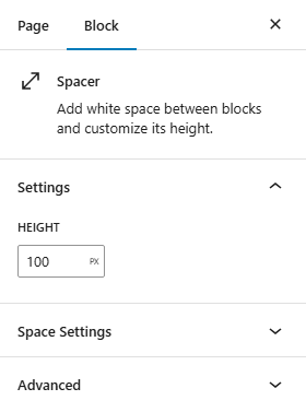 Screenshot of the spacer block settings.
