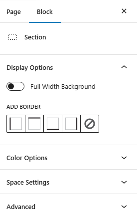 Screenshot of settings available for the section block.