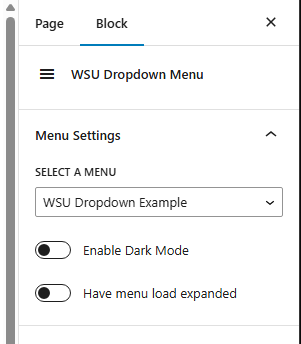 Screenshot of the WSU Dropdown Menu settings in the side panel.