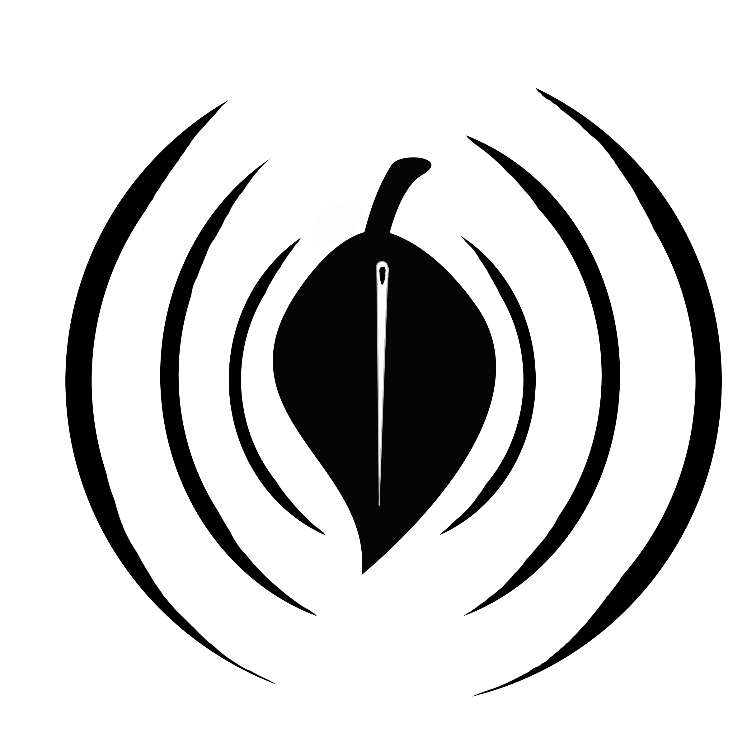 Black and white graphic of a leaf with a sewing needle centered inside it, surrounded by curved abstract lines.