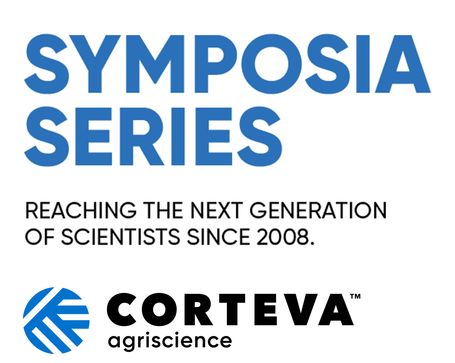 Graphic with large blue text reading ‘Symposia Series’ and smaller text below, ‘Reaching the next generation of scientists since 2008,’ with a blue logo at the bottom.