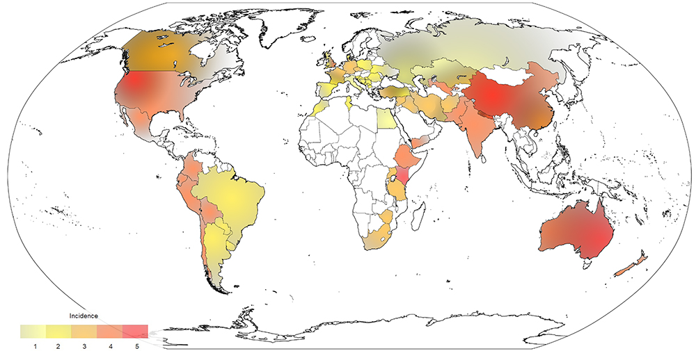 World map with countries colored according to stripe rust incidence, light yellow being one (low) and red being a five (high)