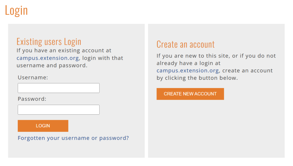 Screenshot of Extension Foundation login with options for existing users login and create and account. 