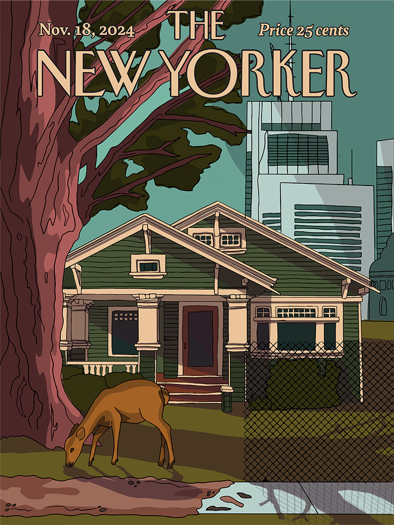 Cover of the New Yorker magazine with illustration of deer, tree, house and skyscrapers. 