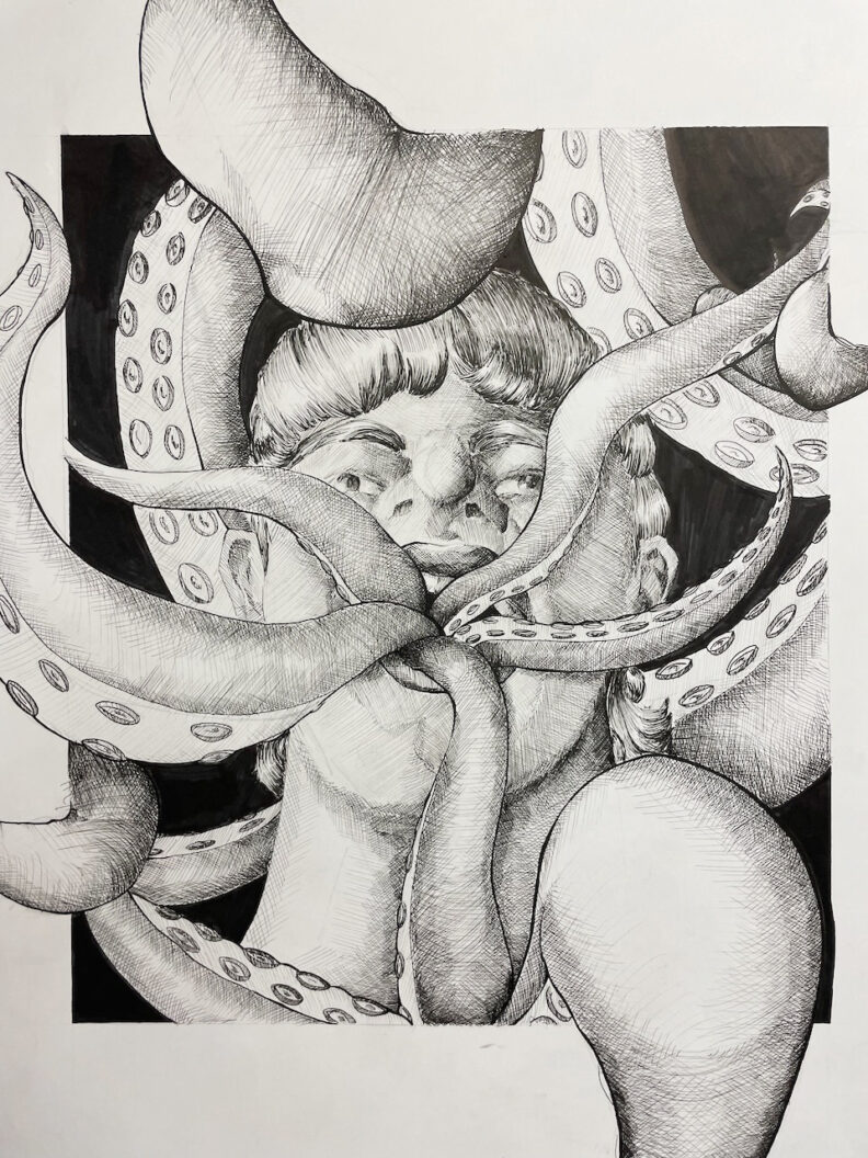 Black and white drawing. 