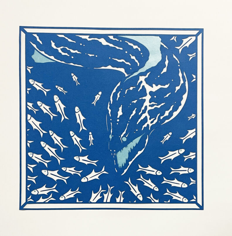 2D print in blues and white. 