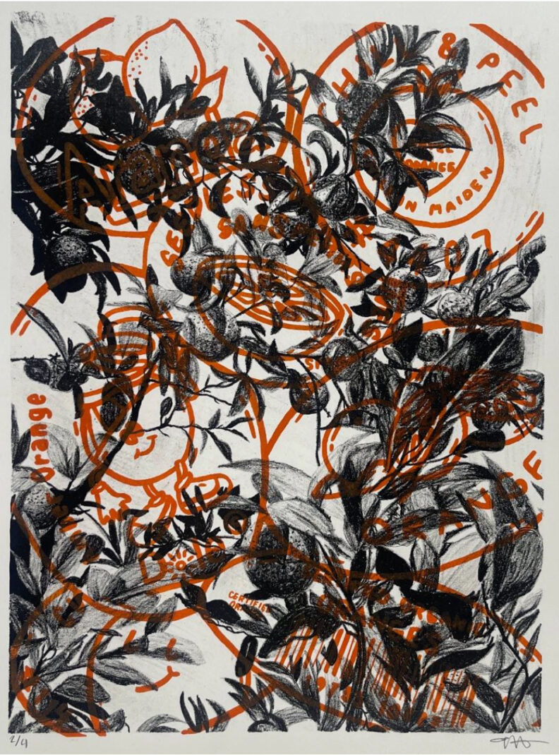 Lithograph in black and orange by Tavia Morgan