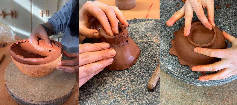 Ceramicist forming clay pieces on wheel.