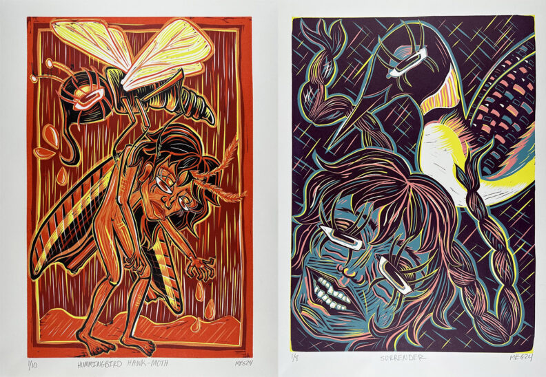 Two prints titled Hummmingbird Hawk-Moth and Surrender by Madeline Goolie. 