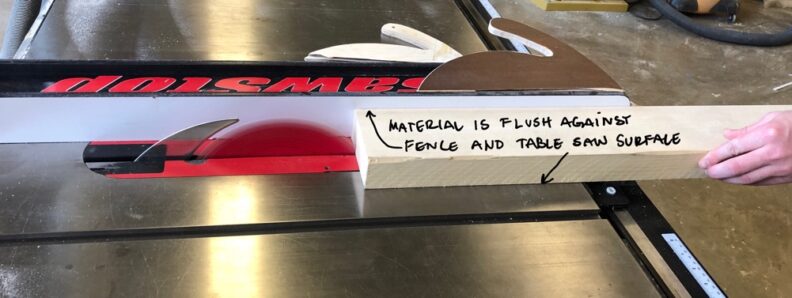 Demonstration of how to cut material on the table saw: the material is flush against the fence and the table saw surface. Image links to larger version.
