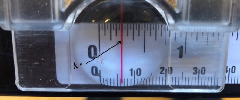 Closeup of the table saw blade depth showing 1/4 inch. Image links to larger version.