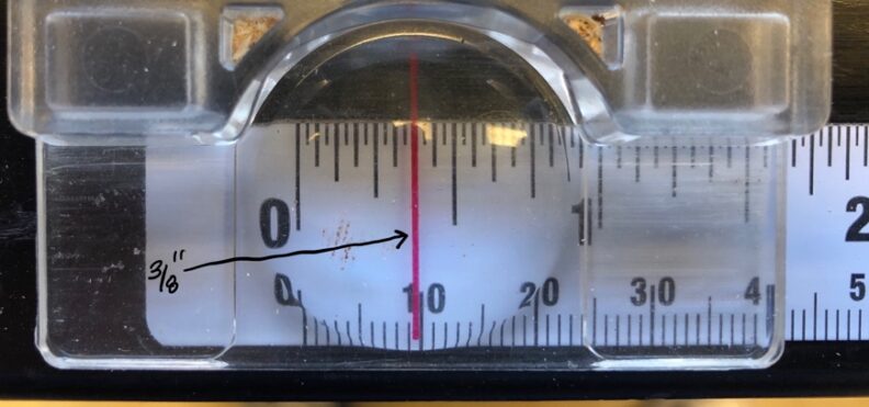 Closeup of the table saw blade depth showing 3/8 inch. Image links to larger version.