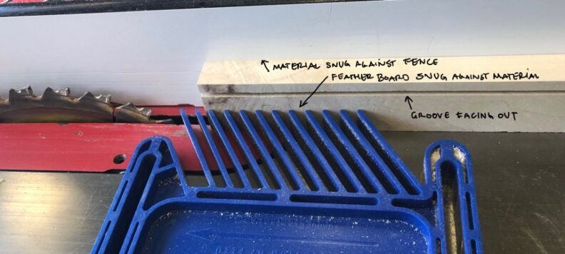 The feather board rests on the table saw to the left of the material to be cut. The material should rest snug between the feather board and the fence. Image links to larger version.