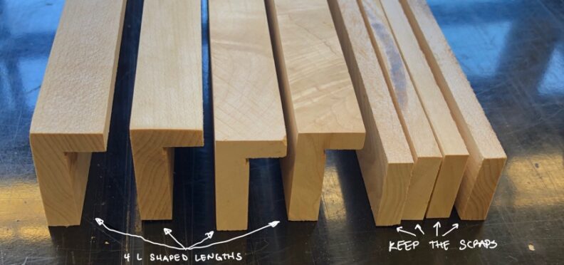 Four L-shaped lengths of material next to four scraps leftover from cuts. Instructions to keep the scraps. Image links to larger version.