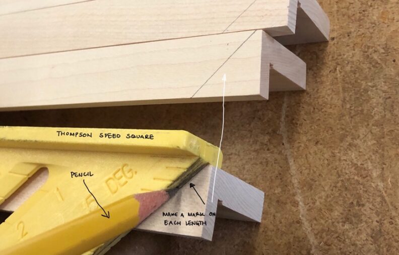 Closeup of the Thompson Speed Square marking the cut material. Image links to larger version.