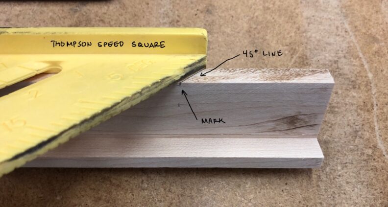 Closeup of marks made using the Thompson Speed Square from the 45° line. Image links to larger version.