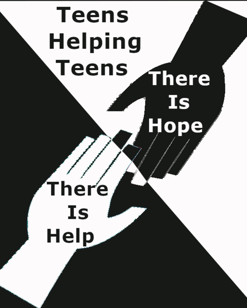 Teens Helping Teens Logo reads There is hope, there is help over an image of two hands touching. 