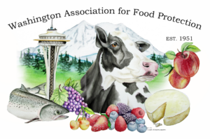 WAFFP logo with Space Needle, fish, fruit, veggies, cow, cheese.