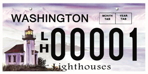 License plate for Washington State featuring a painting of a lighthouse and water and land in the background