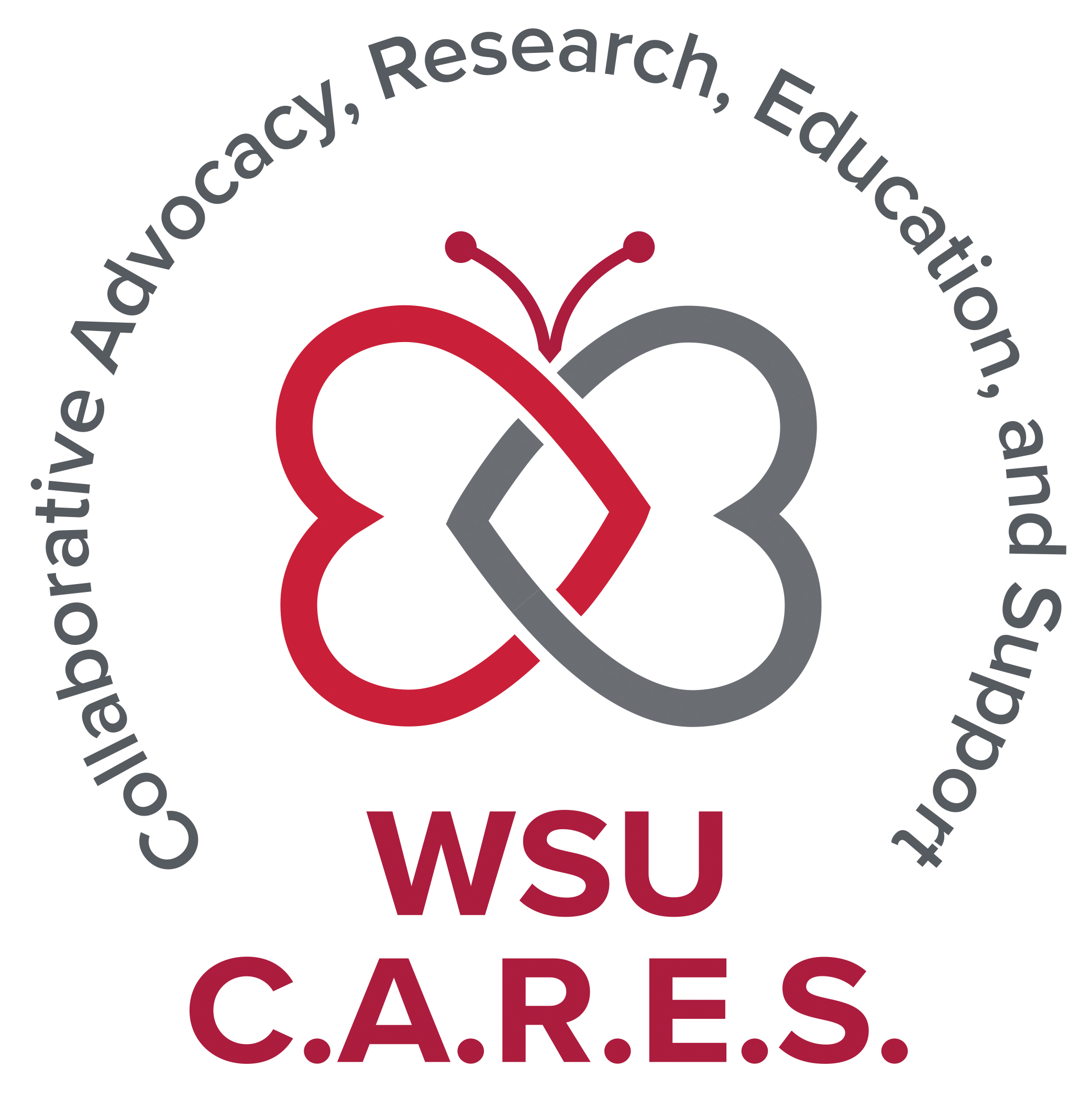 WSU C.A.R.E.S. logo show two hearts that form the wings of a butterfly and the words Collaborative Advocacy, Research, Education, and Support.