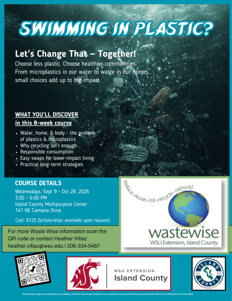 Background shows floating plastic litter underwater with WSU Waste Wise, Island County and WSU Extension logos at the bottom including a QR code for info.