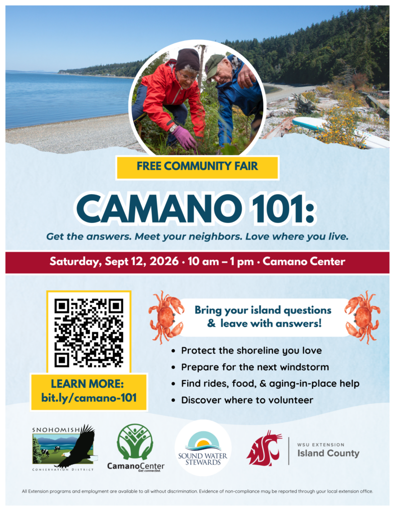 Camano 101 flyer with Camano beach background featuring blue water, gray sand, green trees on the right and driftwood on the lower right. Round image in the center shows two people planting a tree. Flyer gives date, time, and location. plus bullet points of what to expect. QR code links to website and logos at the bottom are Snohomish Conservation District, Camano Center, Sound Water Stewards, Red Cougar head and Island County text.