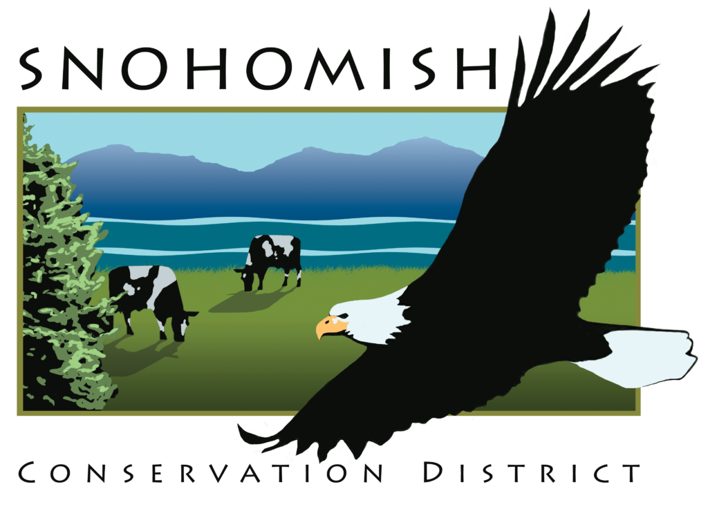 Snohomish Conservation District logo features a landscape background including green fir tree, two black and white cows, blue mountains shapes, teal green water waves, and green grass with a bald eagle flying in from the right.