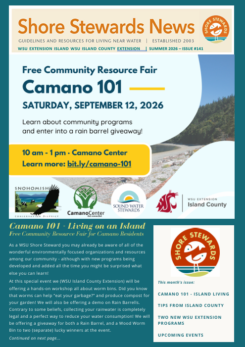Image shows a screenshot of the front page of the Shore Stewards Summer Newsletter with text about Camano 101 event and what is included in the newsletter issue.