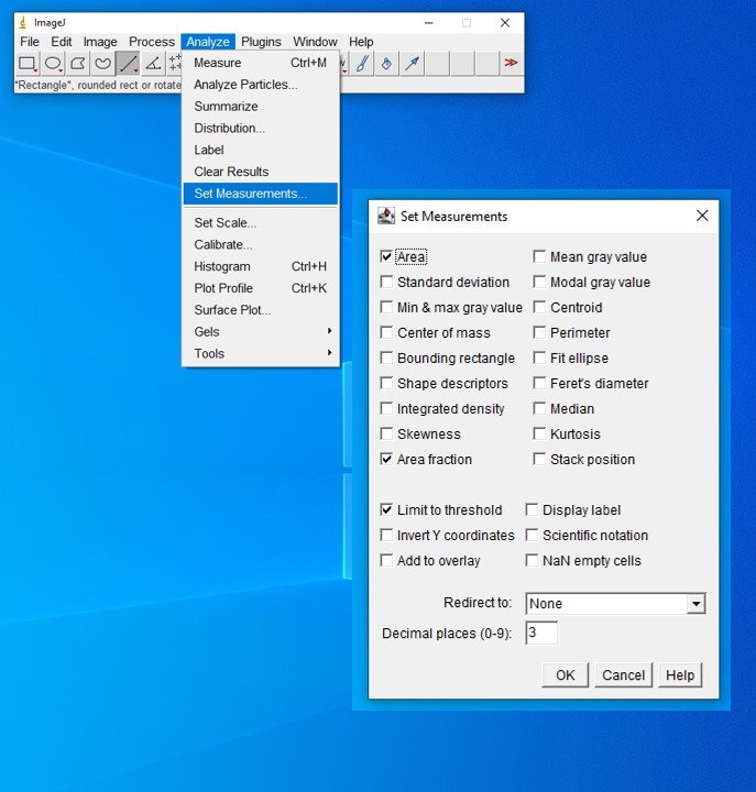 Screenshot of image analysis in the ImageJ software showing the analyze and set measurements buttons and required settings on a blue background