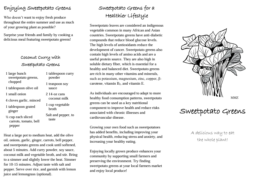 sweetpotato greens brochure that includes paragraphs on how to enjoy greens, a recipe for coconut curry with greens, and how greens can be a part of a healthy lifestyle