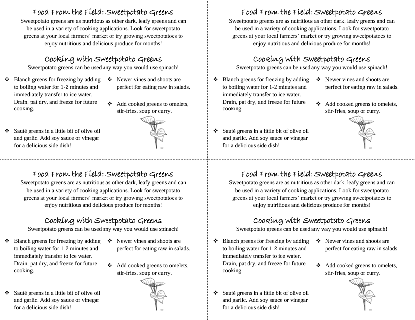 sweetpotato greens handout that includes 4 copies that can be cut out detailing how greens are grown and cooked