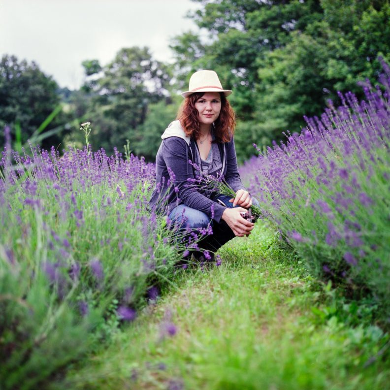woman between rows of lavender