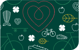 Green graphic with heart, fish, bicycle, clover, skateboard to represent the healthy living pillar in 4-H 
