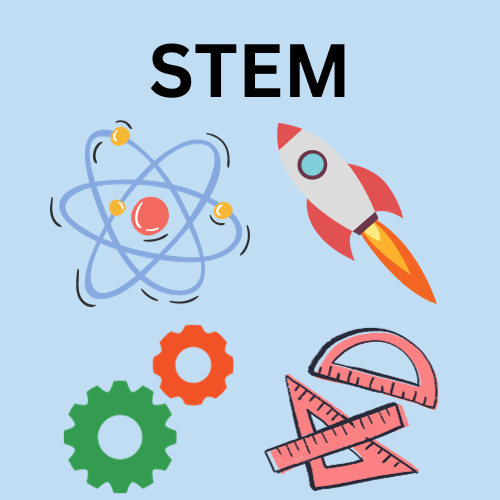 Cartoon icons of an atom, a rocket, gears, and measuring tools with the title "STEM" above