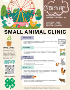 Flyer that says: Join us for a hands-on clinic focused on public speaking, judging, and prepping your animals for the King County Fair!
📸 Bring pictures of your animals/projects for expert guidance on registration in 4HOnline.
🖼️ Need help with posters or educational displays? Get feedback or drop off completed items!
🍪 Enjoy a bake sale—proceeds support the King County 4-H Association Poultry Project Fund!
This clinic focuses on rabbits, cavies, poultry, posters/education displays, and cardboard animals. Participants will also be able to take home an item for the Gardening project. Don’t miss this chance to gain skills and get fair-ready. See you there!
Saturday, April 26th
from 10 AM - 12 PM
at the Meridian Grange (15422 SE 272nd, Kent, WA)
Registration encouraged: https://shorturl.at/GadUm