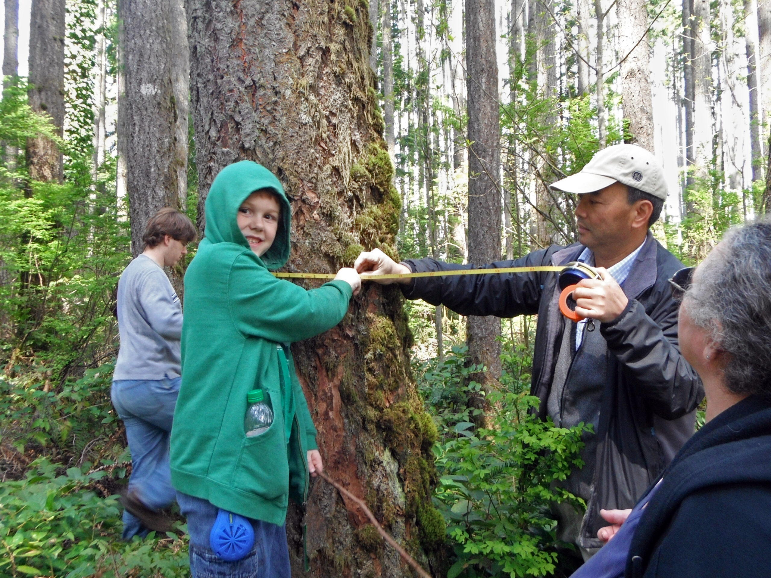 Photo of a boy with a green jacket and a man teaching him how to measure a large tree in a forest with other people around too