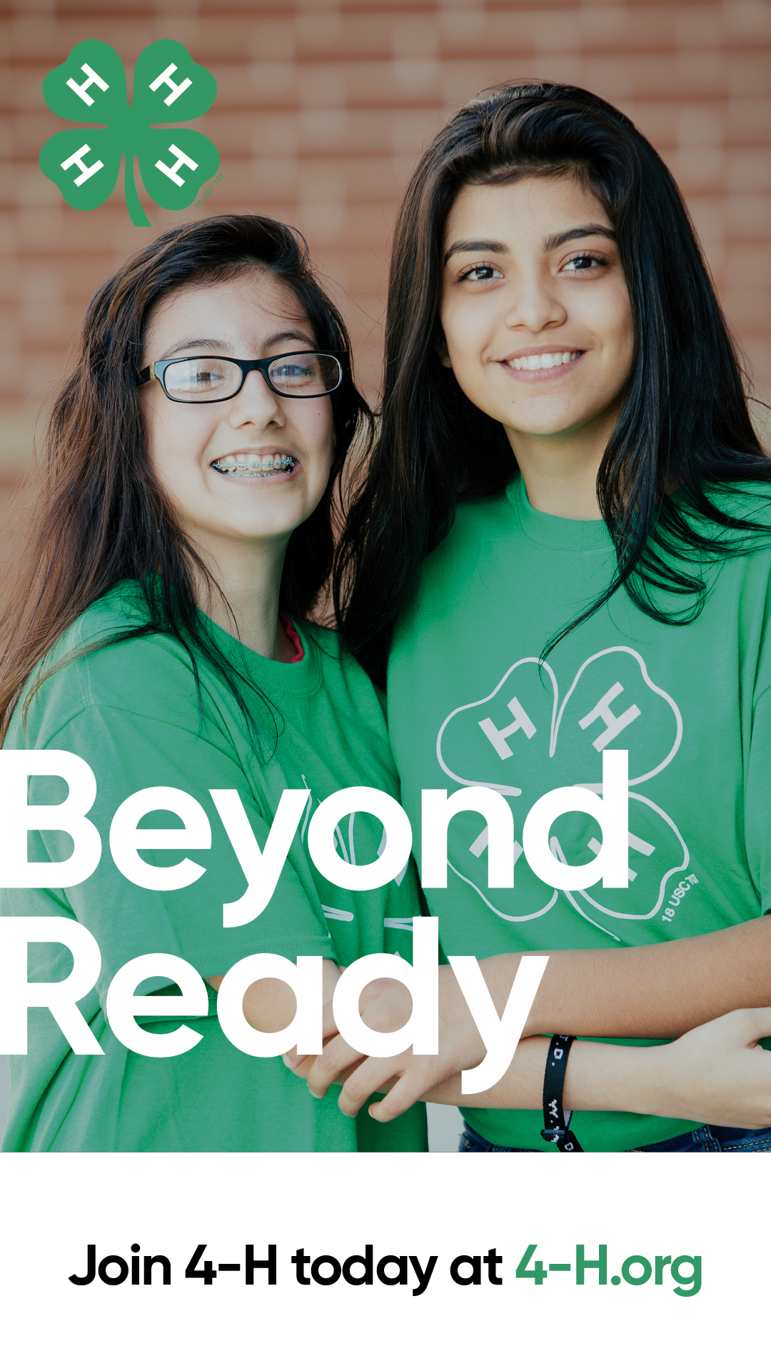 Image of two girls with green 4-H shirts on with text that says Beyond Ready in front and a 4-H logo in corner