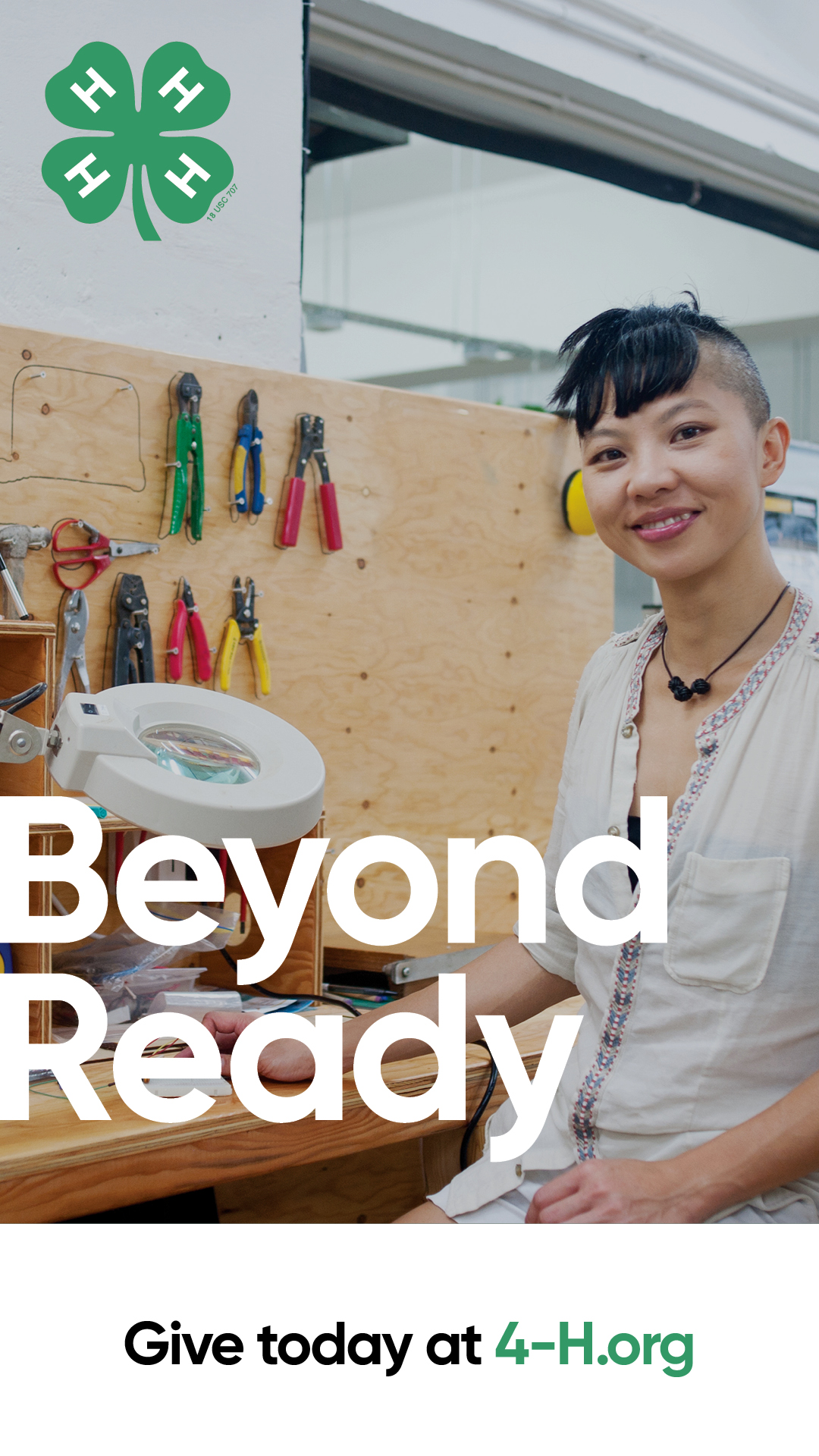 Image of a young person in front of an art studiowith text in front that says beyond ready. and a 4-H logo