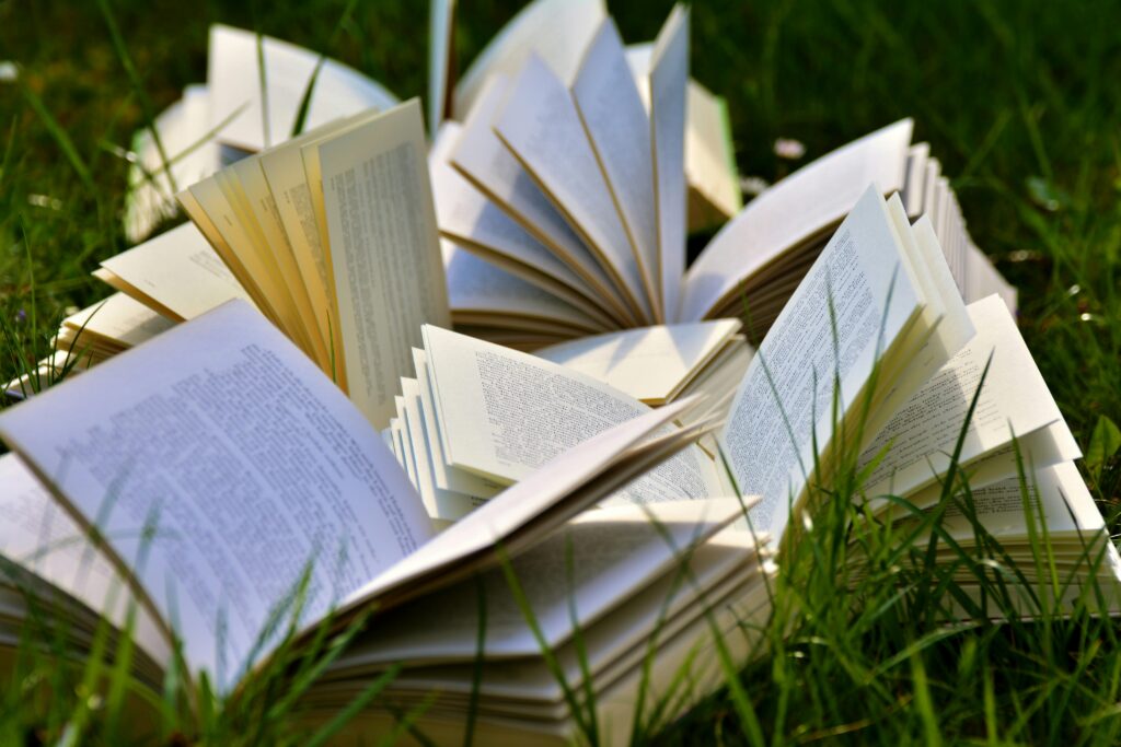 Open books in the grass