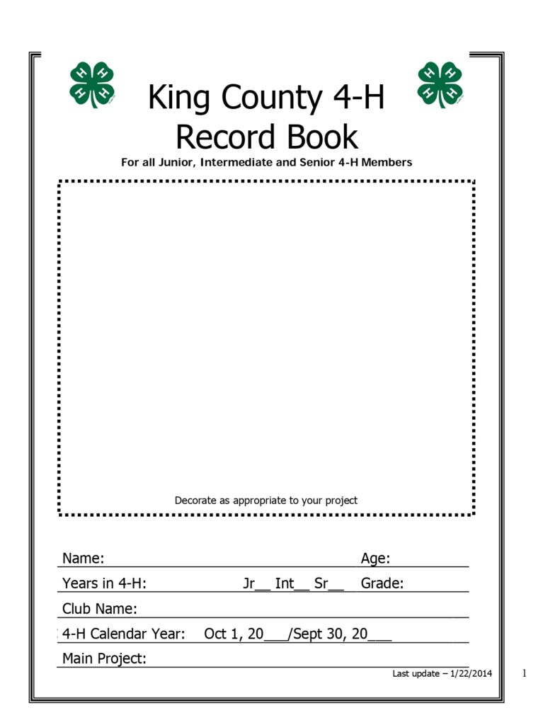 Title page of a King County 4-H Record Book featuring green 4-H clovers in corners, sections for member details, and space for project decoration.