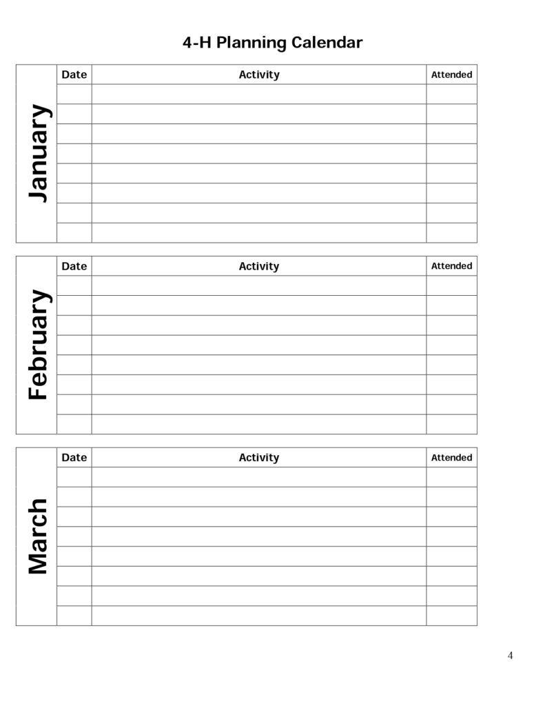 "4-H Planning Calendar for January to March. Three sections with columns for Date, Activity, and Attended, to organize monthly events."