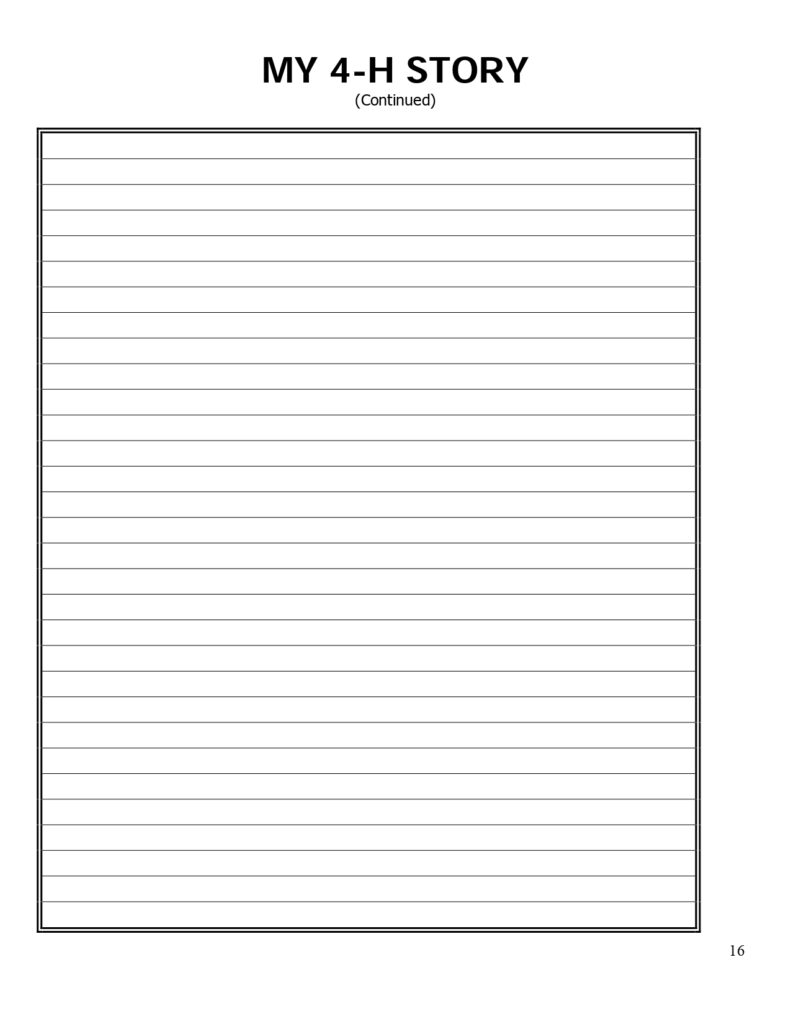 Lined page titled "My 4-H Story" at the top. The page is blank, bordered in black, and ideal for writing about 4-H experiences or reflections.
