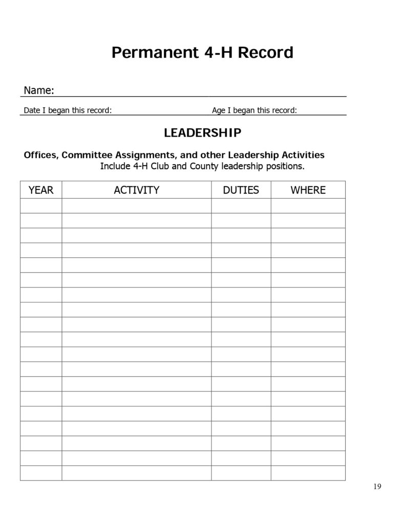 Table for summarizing fair exhibits, with columns for Year, Project Title, Exhibit, Where, and Award. Blank rows for entries, clean layout.