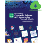 Cover of "Discovering Computer Science & Programming through Scratch," featuring pixelated blue background, Scratch interface images, and "Digital Download" icon.