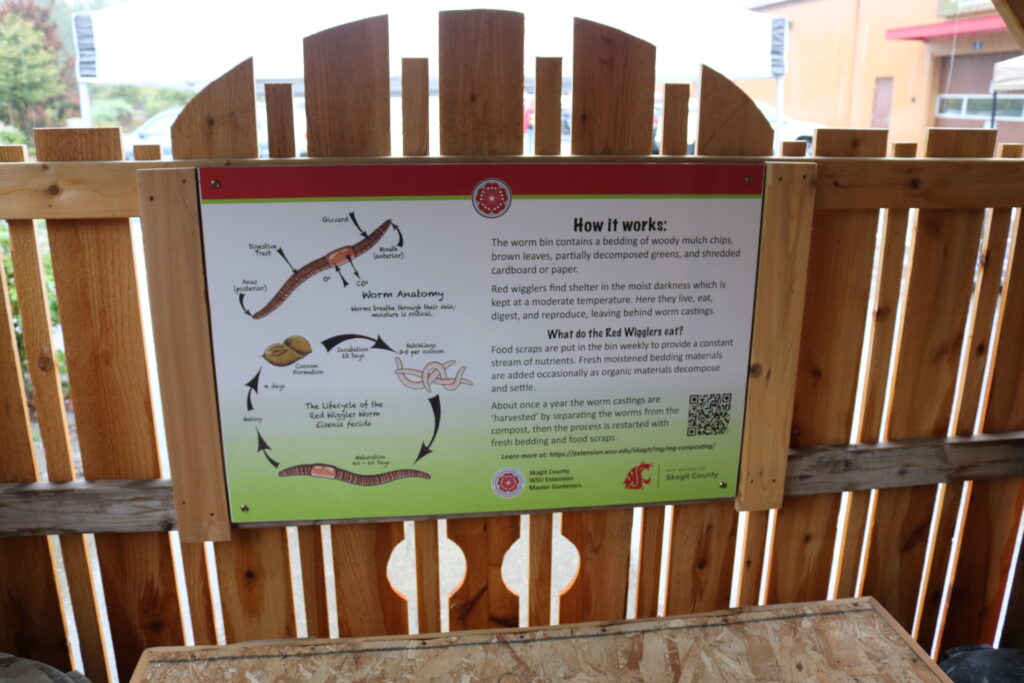 Informational sign about vermiculture hanging above the Worm Chalet.